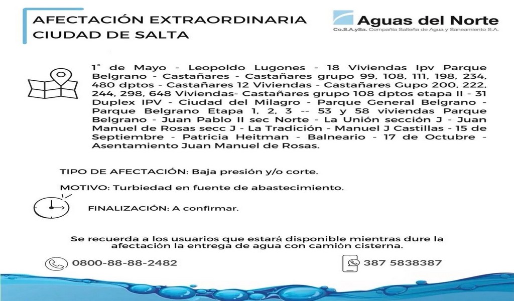 El tremendo temporal afecta el abastecimientos de agua en barrios de la capital salteña