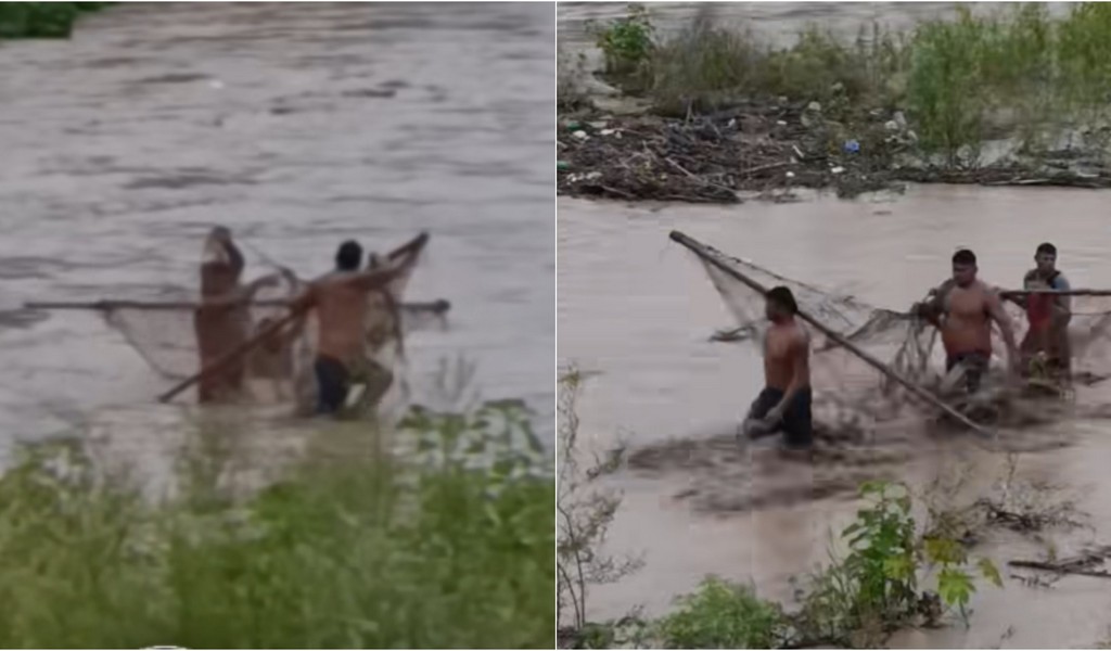 El rio Arenales creció y los vecinos de Ceferino aprovecharon para pescar sábalos  con redes