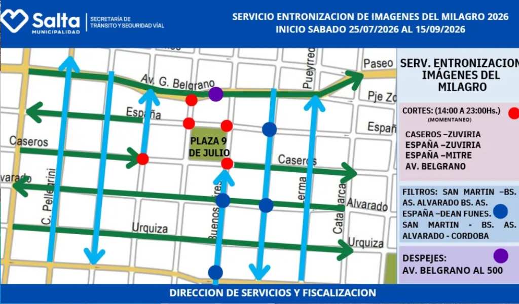 Este sábado se realizará un operativo de tránsito por la entronización de las imágenes del Señor y la Virgen del Milagro