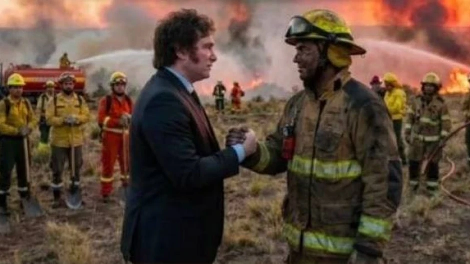 Milei agradece a los bomberos de la Patagonia con una foto trucada, pero les redujo el presupuesto casi un 80 por ciento