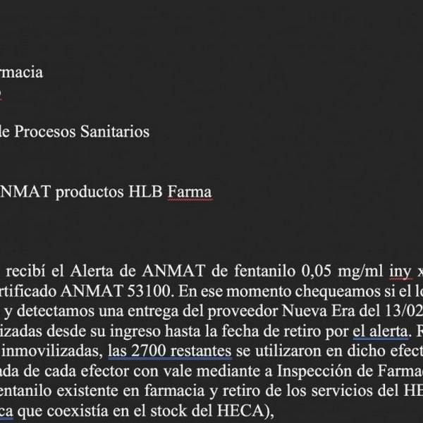 Un documento revela que en Rosario se detectó el fentanilo contaminado en febrero y la Anmat no hizo nada hasta mayo